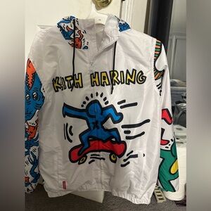 Members Only Keith Haring Windbreaker Jacket Hooded White Multicolor M